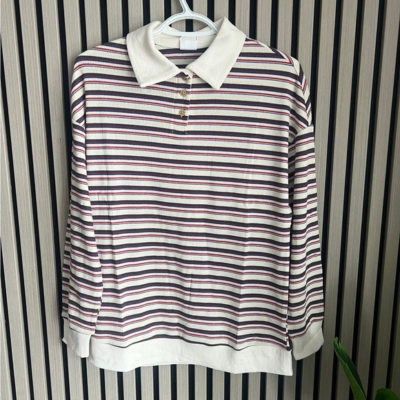 Trendy Queen Women's Oversized Striped Polo Sweatshirt - Picture 5 of 7